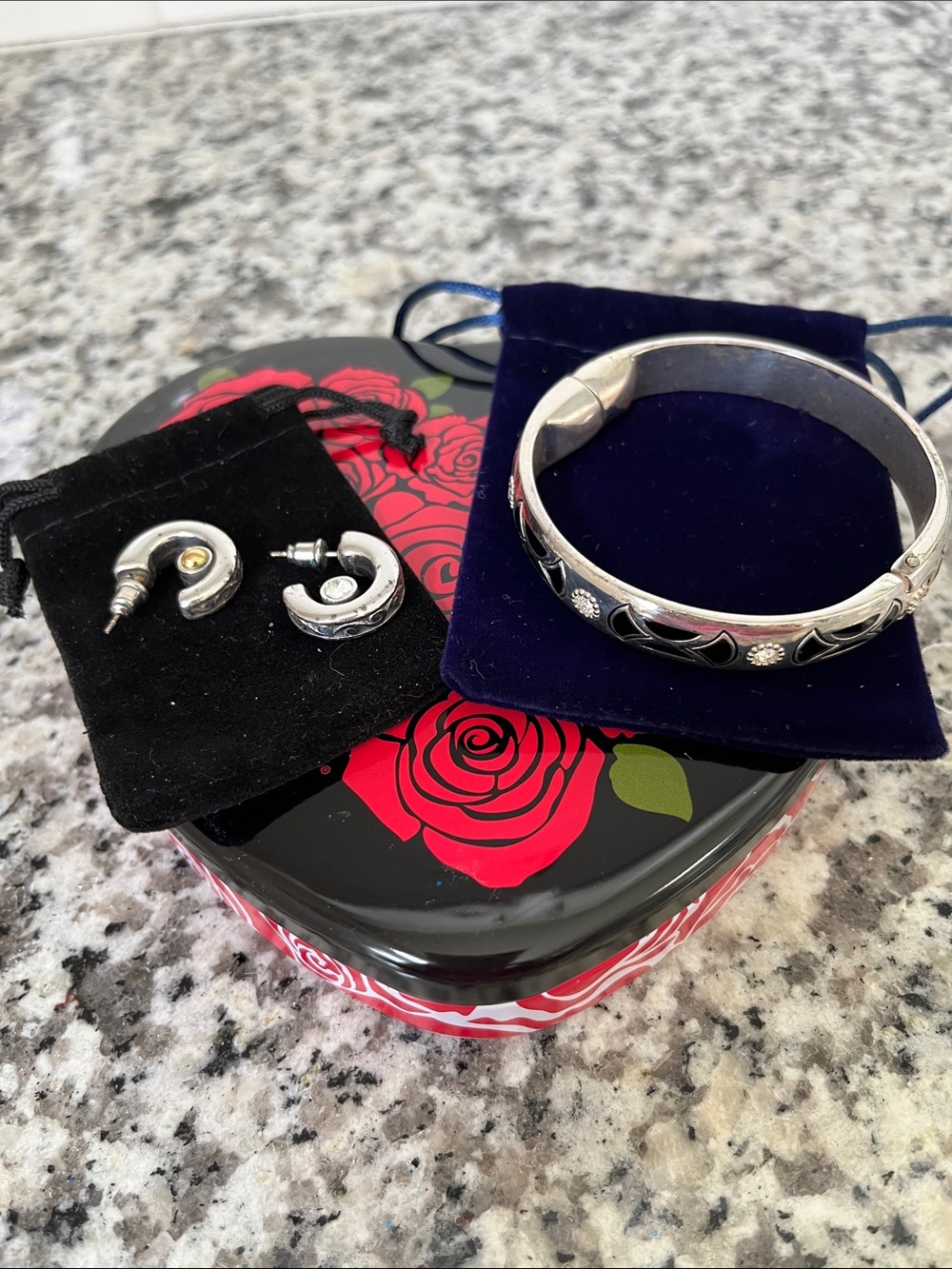Brighton Silver Tone Hoop Earrings with Black Accents